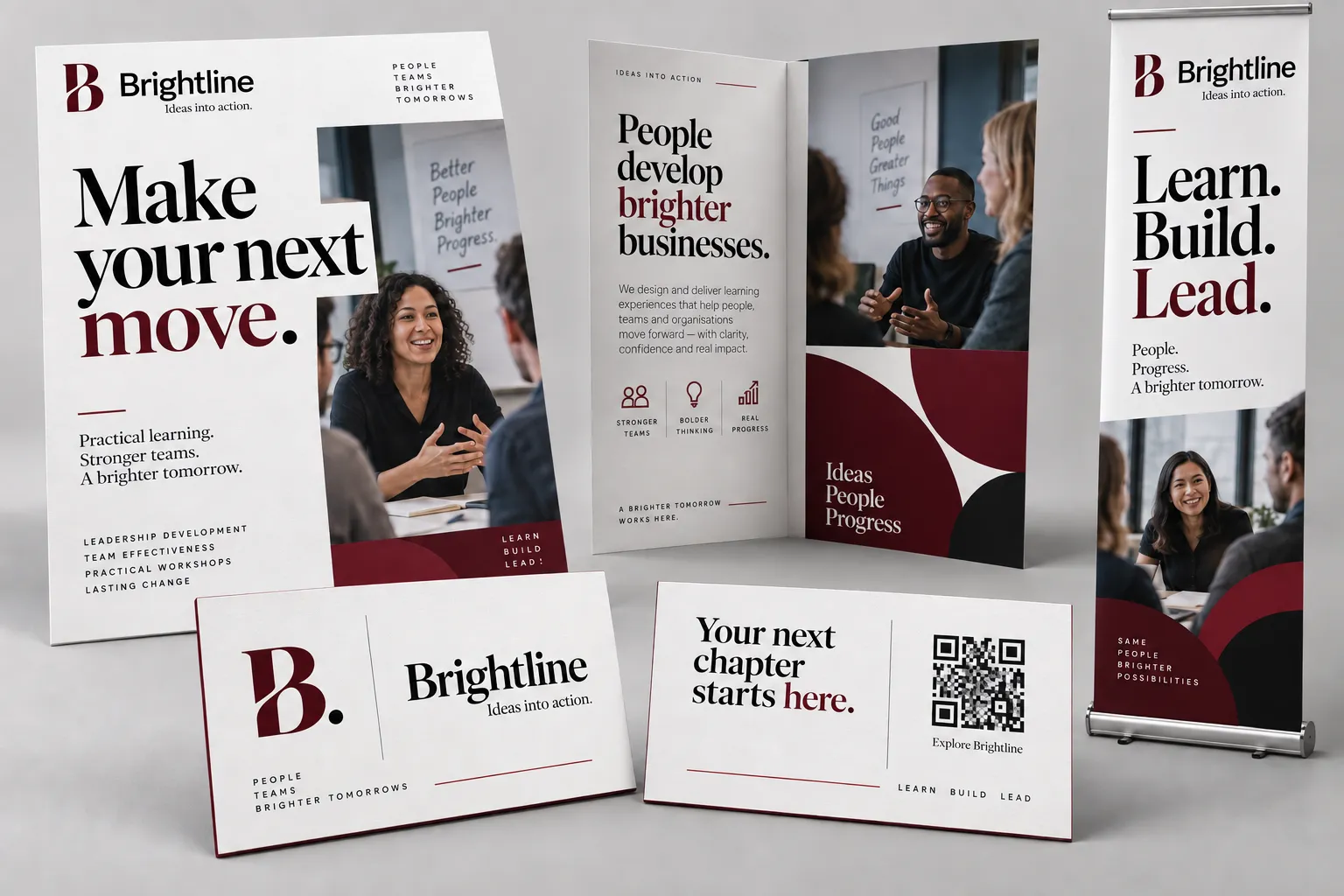 Brightline concept: editorial flyers, front and back business cards with an illustrative QR, brochures and banner